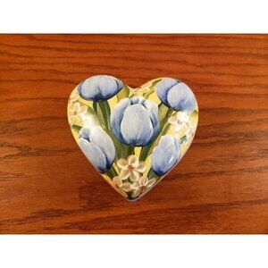 Vintage Signed Lesal Ceramics Heart Floral Jewelry Trinket Box Blue Handcrafted